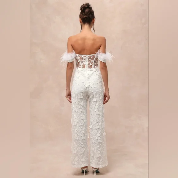 Lulus Midnight Sparkle White Mesh Embroidered Feather Bustier Jumpsuit XL Bridal - Picture 5 of 9